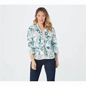 Laurie Felt Tropical Leaf Print Button Front Blazer Linen Blend Jacket Size 16
